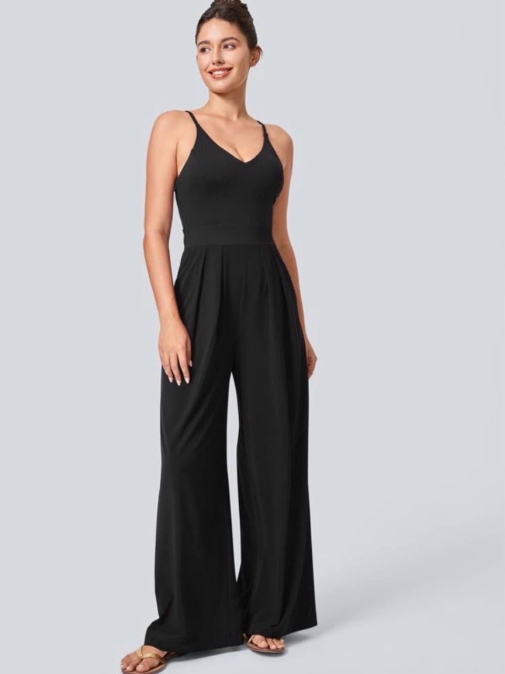 22.HALARA Black Wide-Leg V-Neck Jumpsuit with Spaghetti Straps